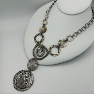 Brutalist Hammered Silver-Tone Y Necklace with Crystal Accents